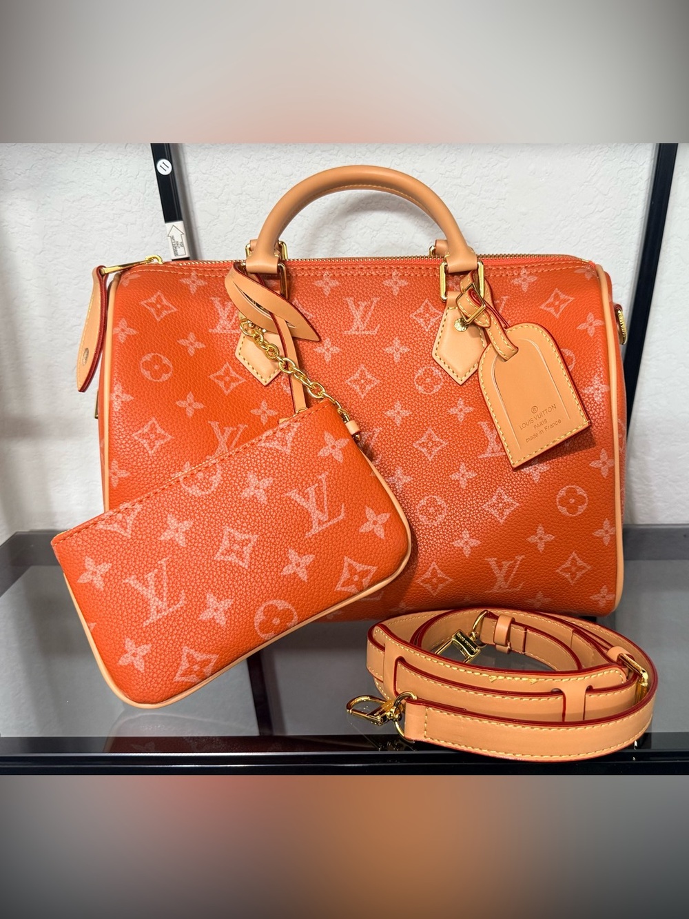 Designer Inspired Orange Monogram Satchel with Detachable Strap